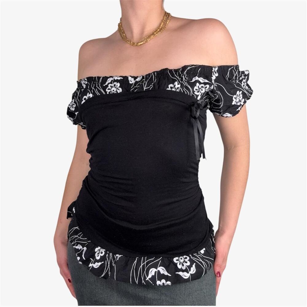 Italian vintage off the shoulder ruffle top white floral back fitted bodice - M